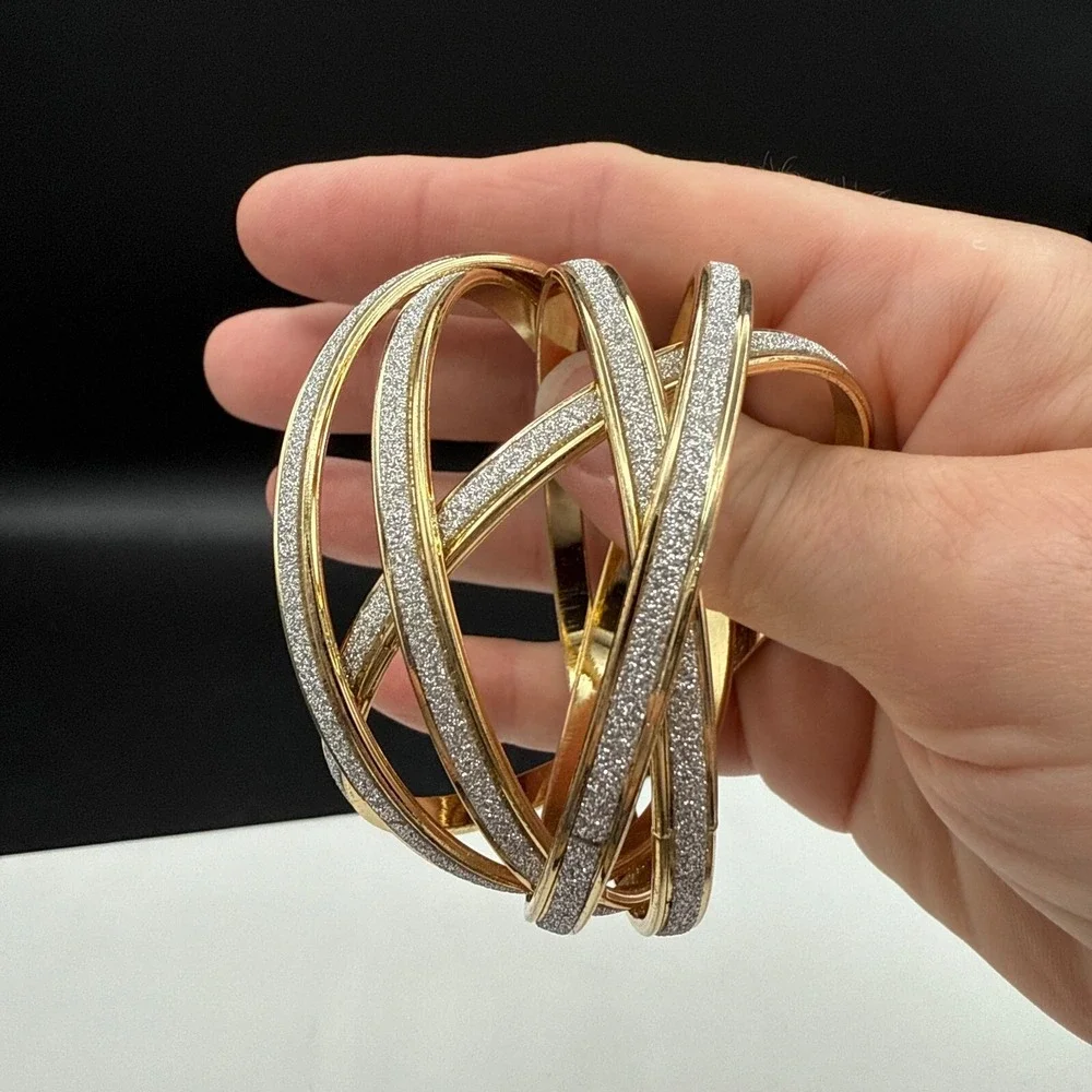 Bangle Bracelet 5 Linked Layers Size 7 Faux Druzy Inlay Gold Tone Disco Style